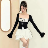 Square Collar Long Sleeve Set Top + Tiered Ruffles Skirt